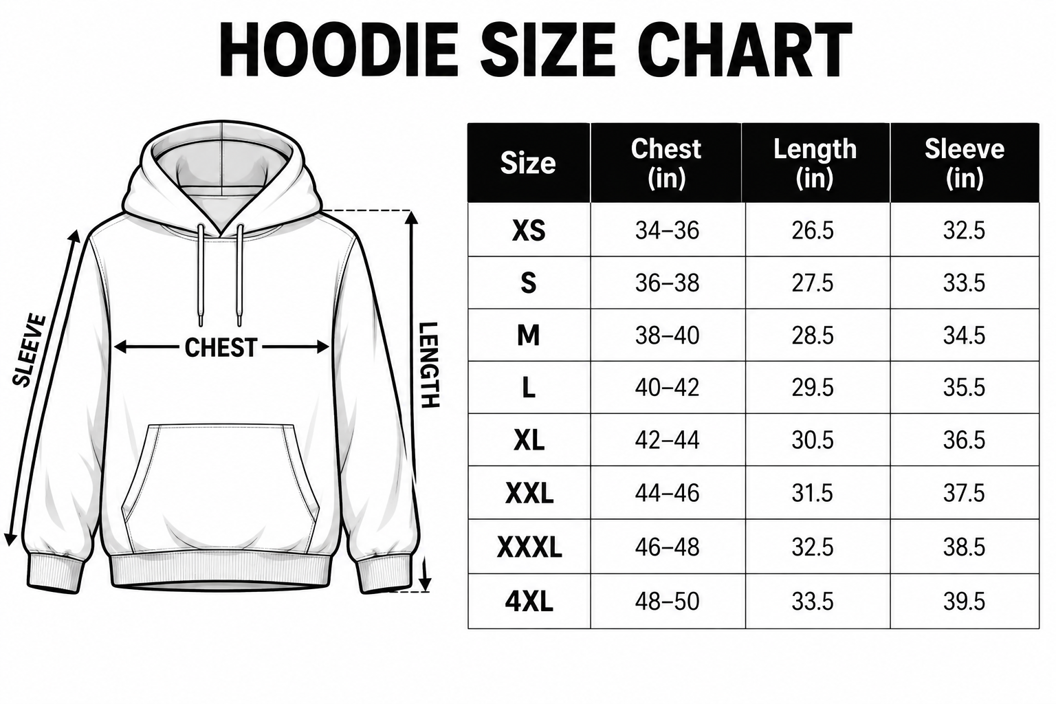 HOODIES Size Chat