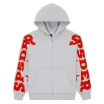 Sp5der Logo Sleeve Zip Hoodie Grey Red