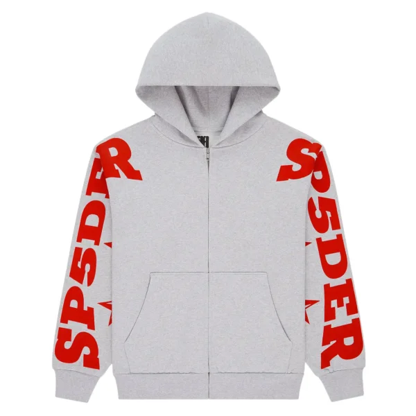 Sp5der Logo Sleeve Zip Hoodie Grey Red Sp5der Logo Sleeve Zip Hoodie Grey Red